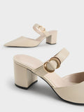 CHARLES & KEITH_
Metallic Accent Pointed-Toe Block-Heel Mules_Chalk