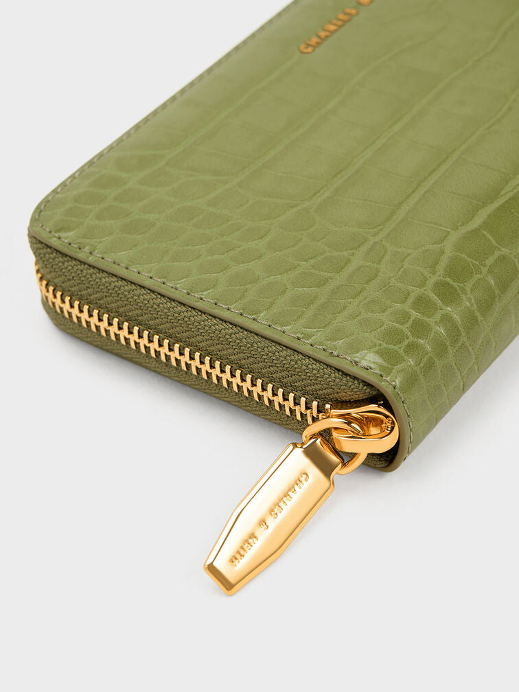 CHARLES & KEITH Croc-Embossed Zip-Around Long Wallet Olive